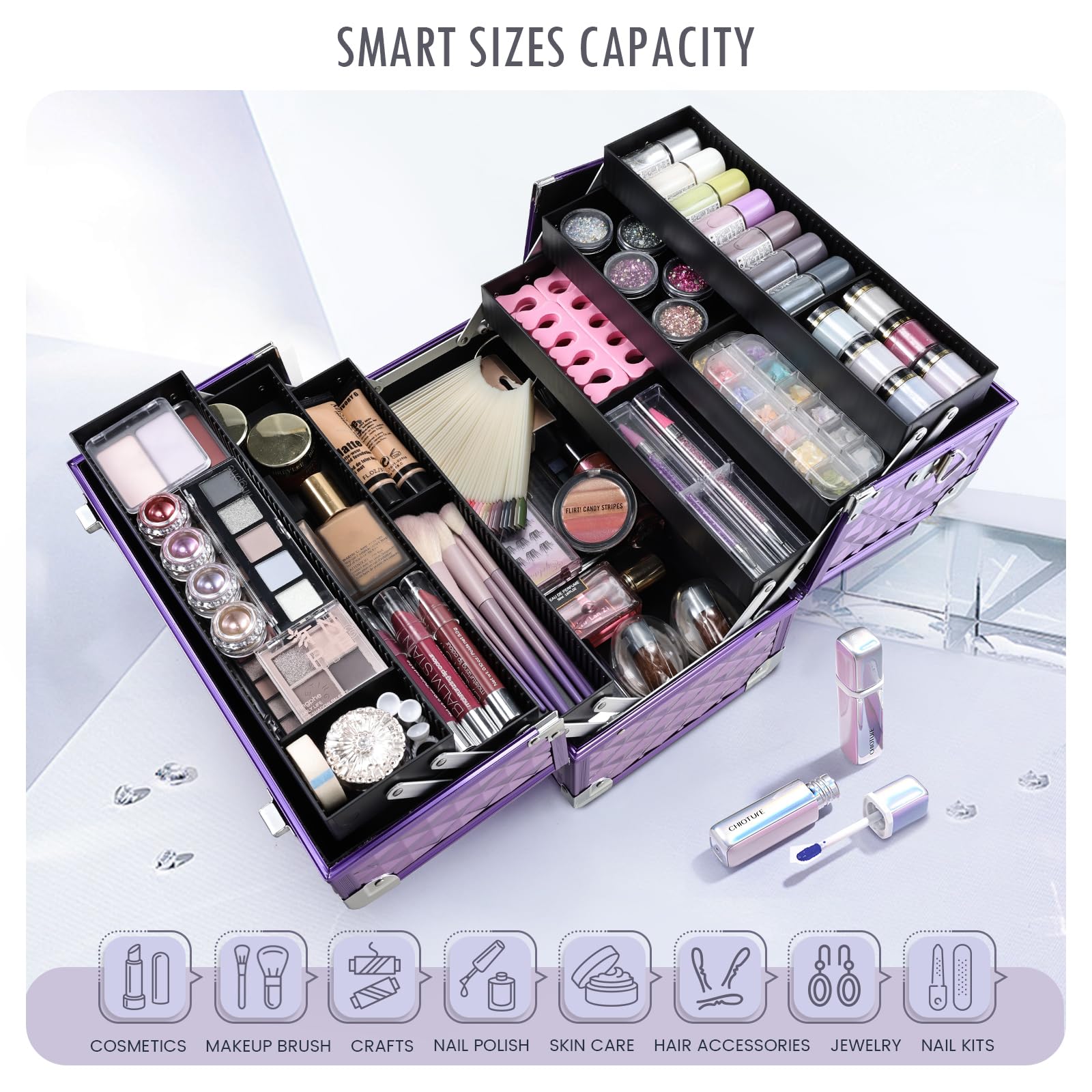 FRENESSA 12.6-Inch Makeup Train Case – 6-Tray Purple Portable Cosmetic Box with Lock & Strap