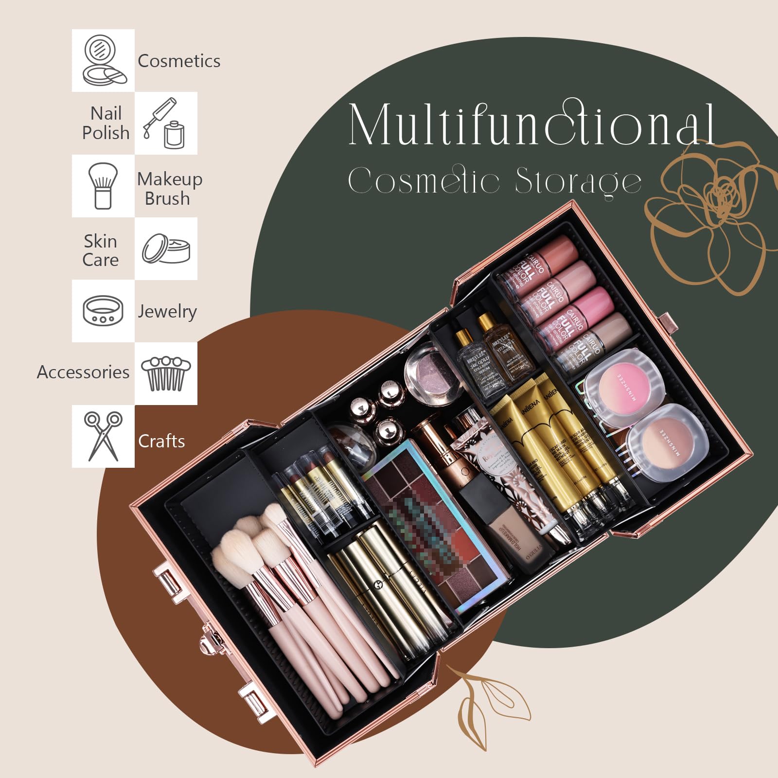 FRENESSA Rose Gold Floral Makeup Train Case – 4-Tier Portable Organizer with Lock