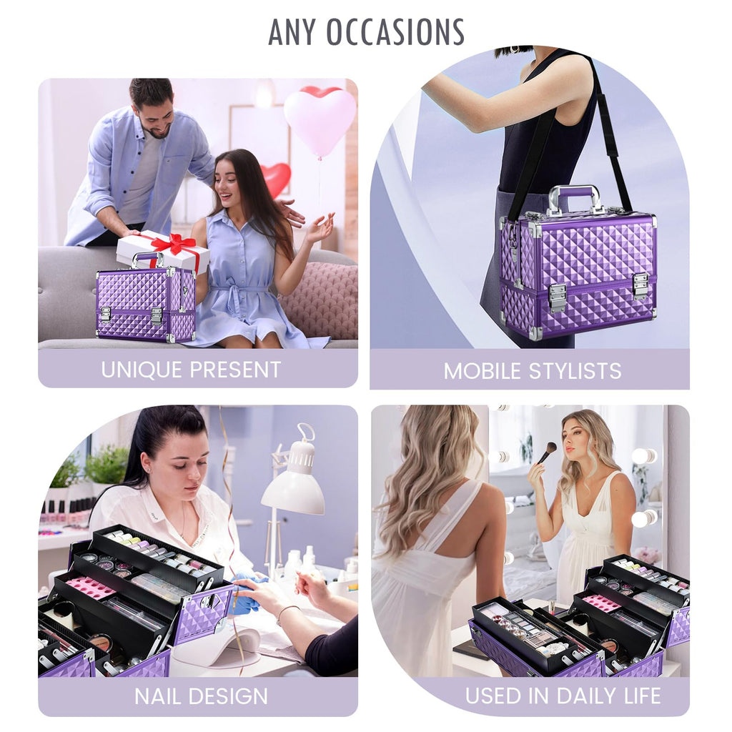 FRENESSA 12.6-Inch Makeup Train Case – 6-Tray Purple Portable Cosmetic Box with Lock & Strap