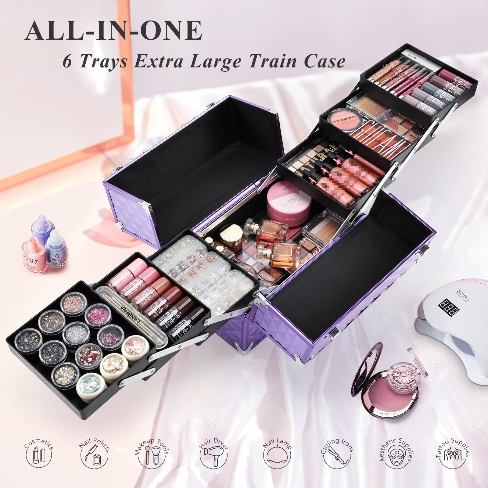FRENESSA Makeup Train Case 12-Inch | Portable 6-Tier Cosmetic Organizer with Lockable Keys, Purple