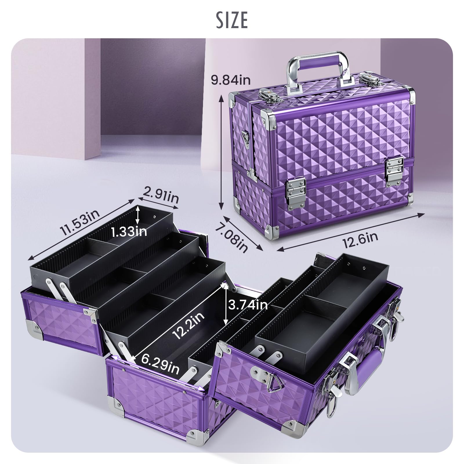 FRENESSA 12.6-Inch Makeup Train Case – 6-Tray Purple Portable Cosmetic Box with Lock & Strap