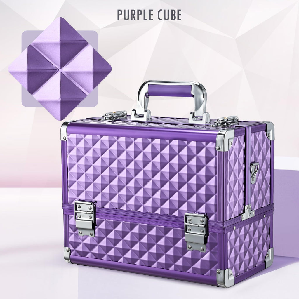 FRENESSA 12.6-Inch Makeup Train Case – 6-Tray Purple Portable Cosmetic Box with Lock & Strap