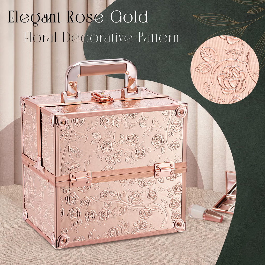 FRENESSA Rose Gold Floral Makeup Train Case – 4-Tier Portable Organizer with Lock