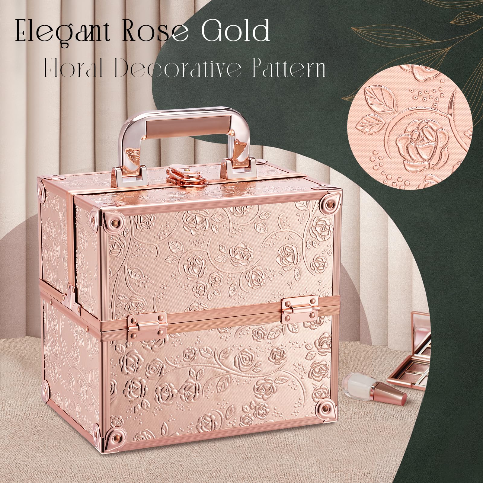 FRENESSA Rose Gold Floral Makeup Train Case – 4-Tier Portable Organizer with Lock