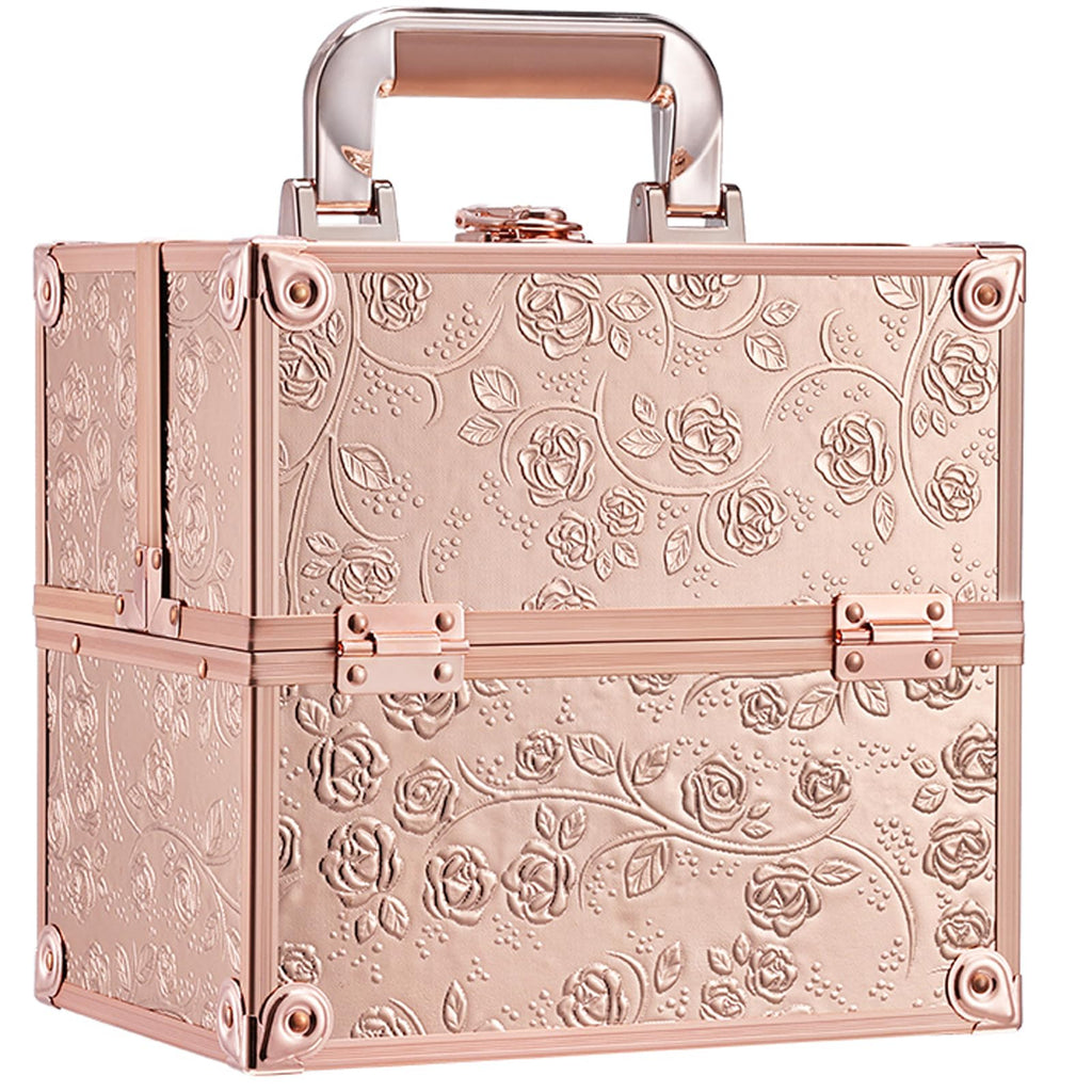 FRENESSA Rose Gold Floral Makeup Train Case – 4-Tier Portable Organizer with Lock
