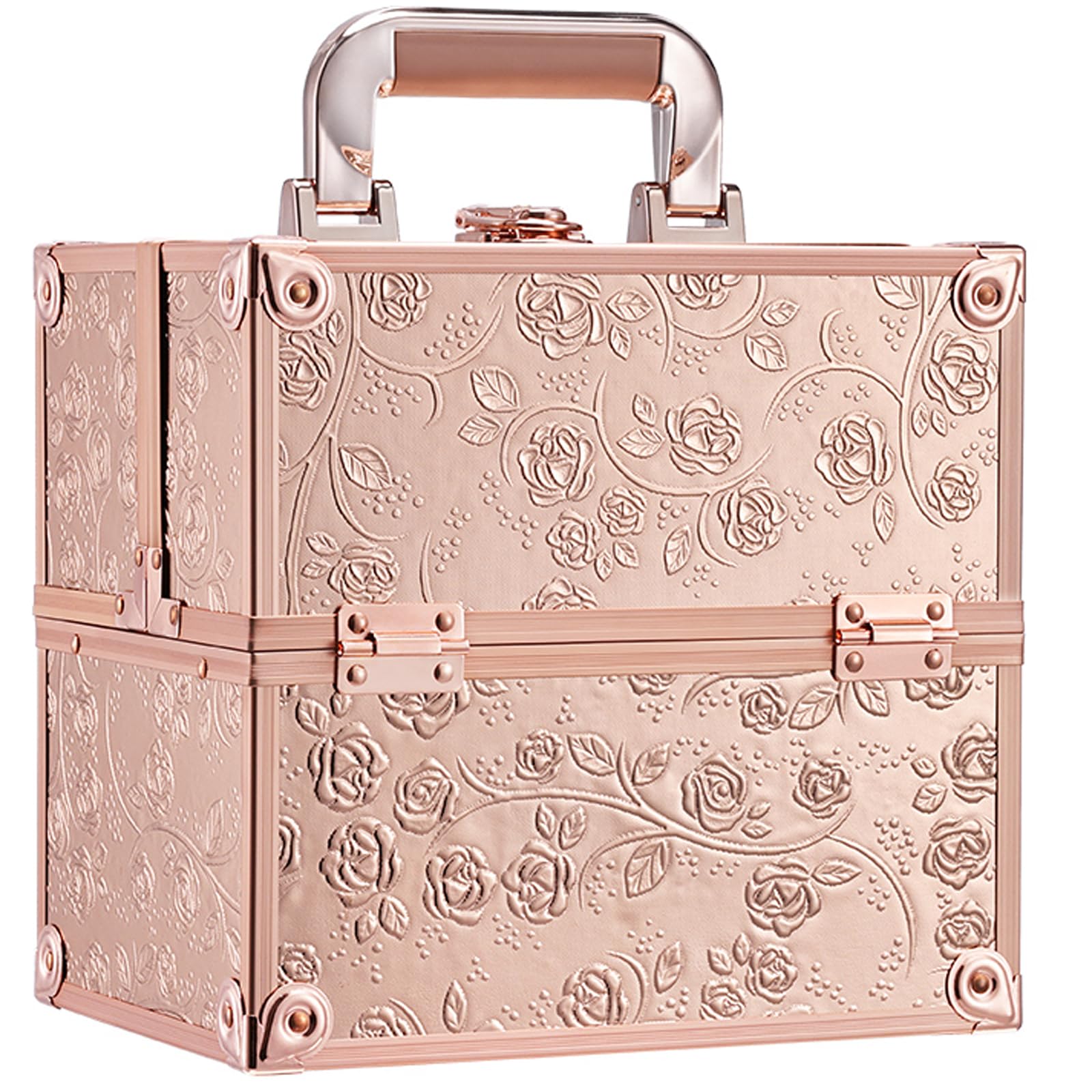 FRENESSA Rose Gold Floral Makeup Train Case – 4-Tier Portable Organizer with Lock