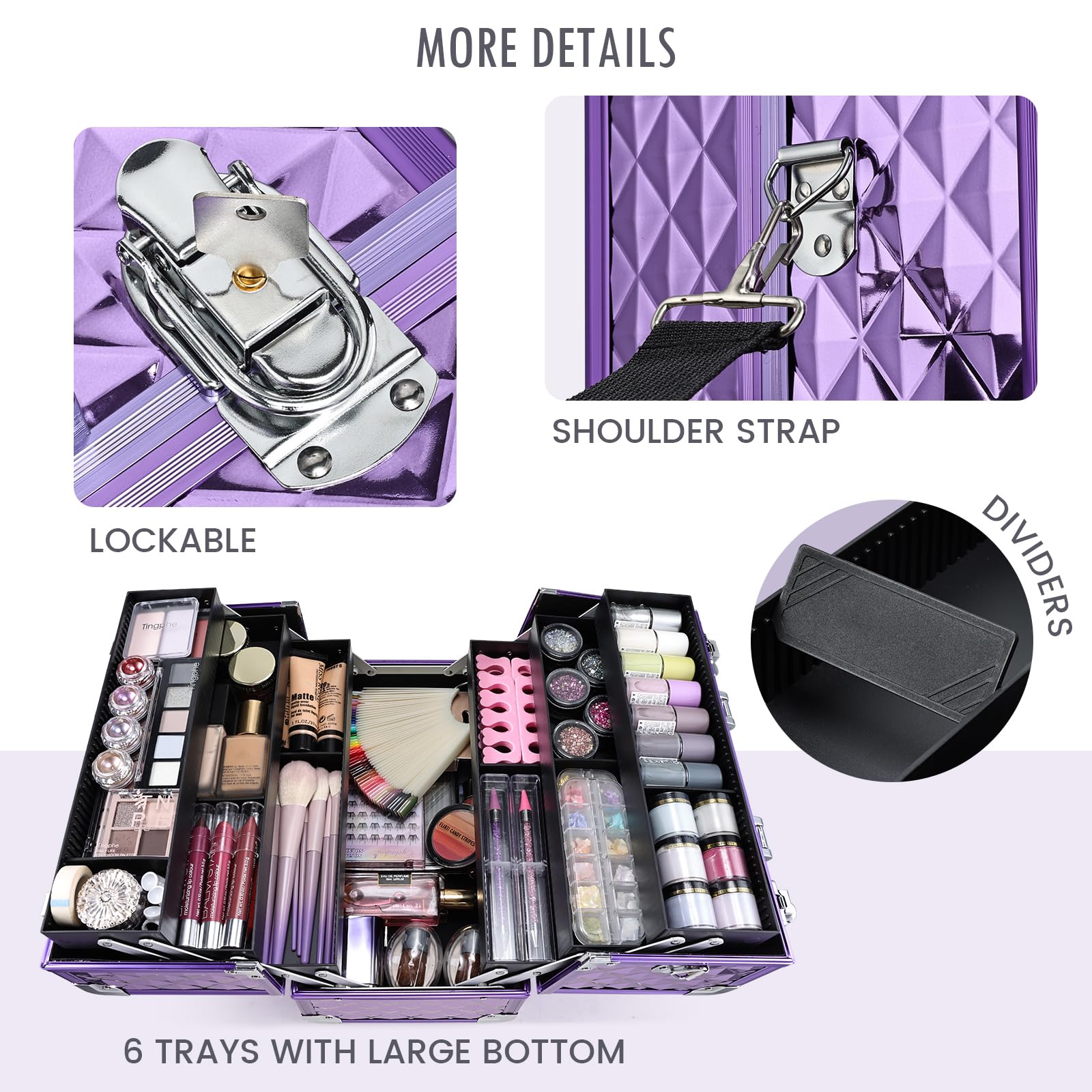 FRENESSA 12.6-Inch Makeup Train Case – 6-Tray Purple Portable Cosmetic Box with Lock & Strap