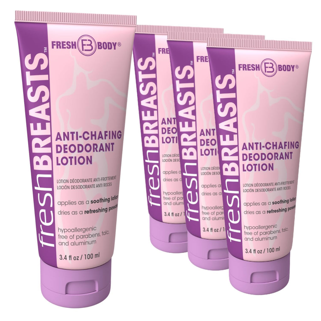 Fresh Breasts Anti-Chafing Cream Deodorant Lotion – 3.4 fl oz (4 Pack) | No Talc, Aluminum or Fragrance | Fresh Body FB