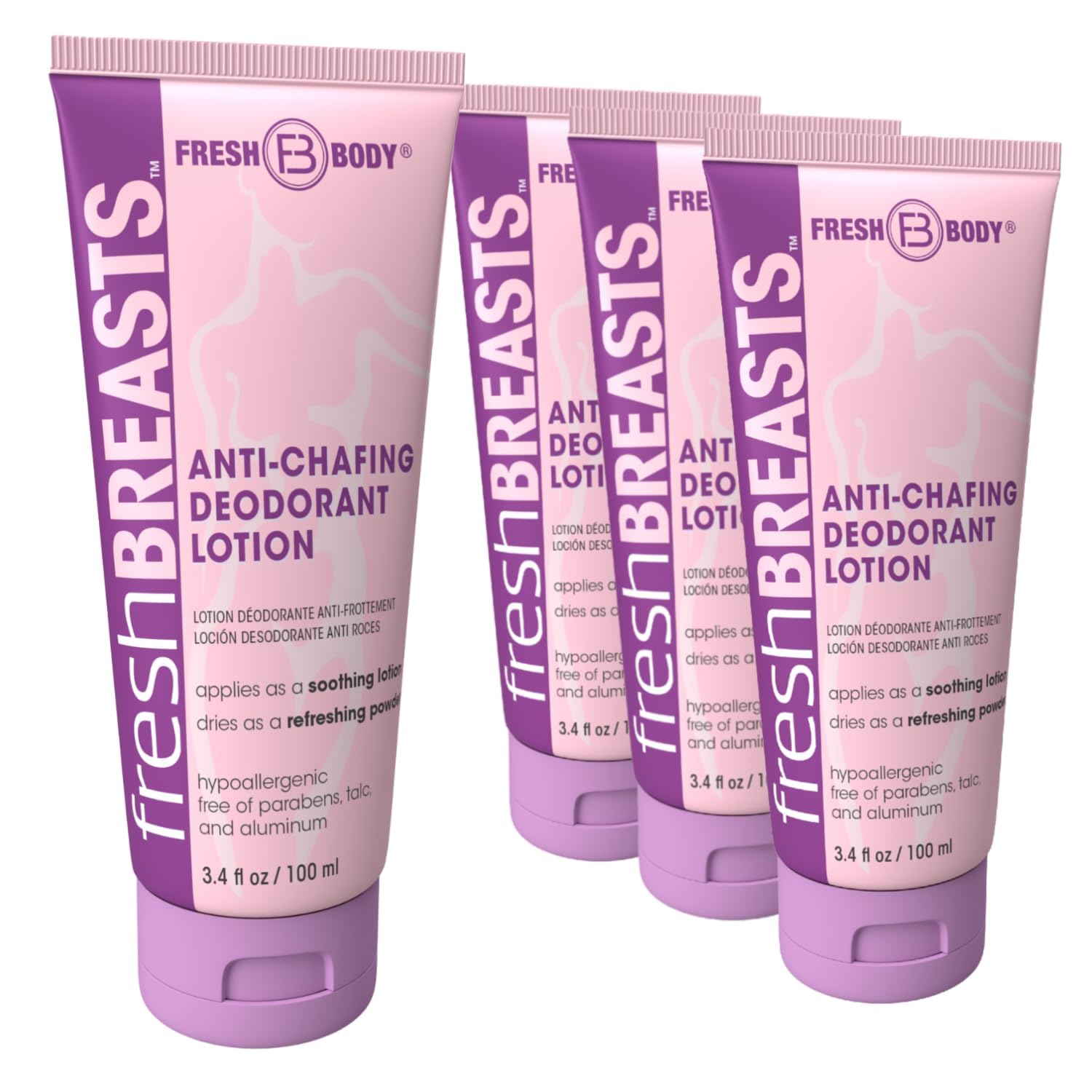 Fresh Breasts Anti-Chafing Cream Deodorant Lotion – 3.4 fl oz (4 Pack) | No Talc, Aluminum or Fragrance | Fresh Body FB