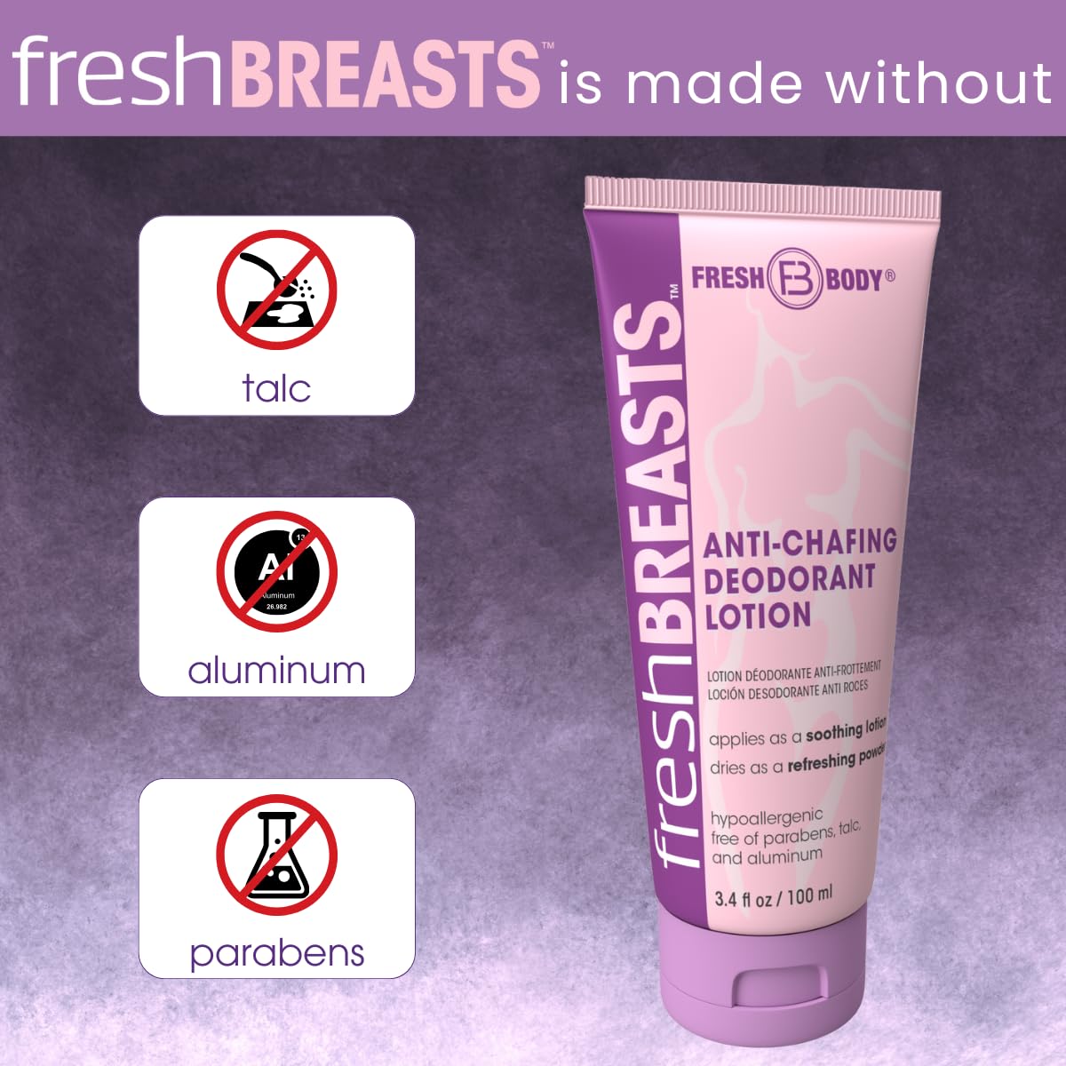 Fresh Breasts Anti-Chafing Cream Deodorant Lotion – 3.4 fl oz (4 Pack) | No Talc, Aluminum or Fragrance | Fresh Body FB