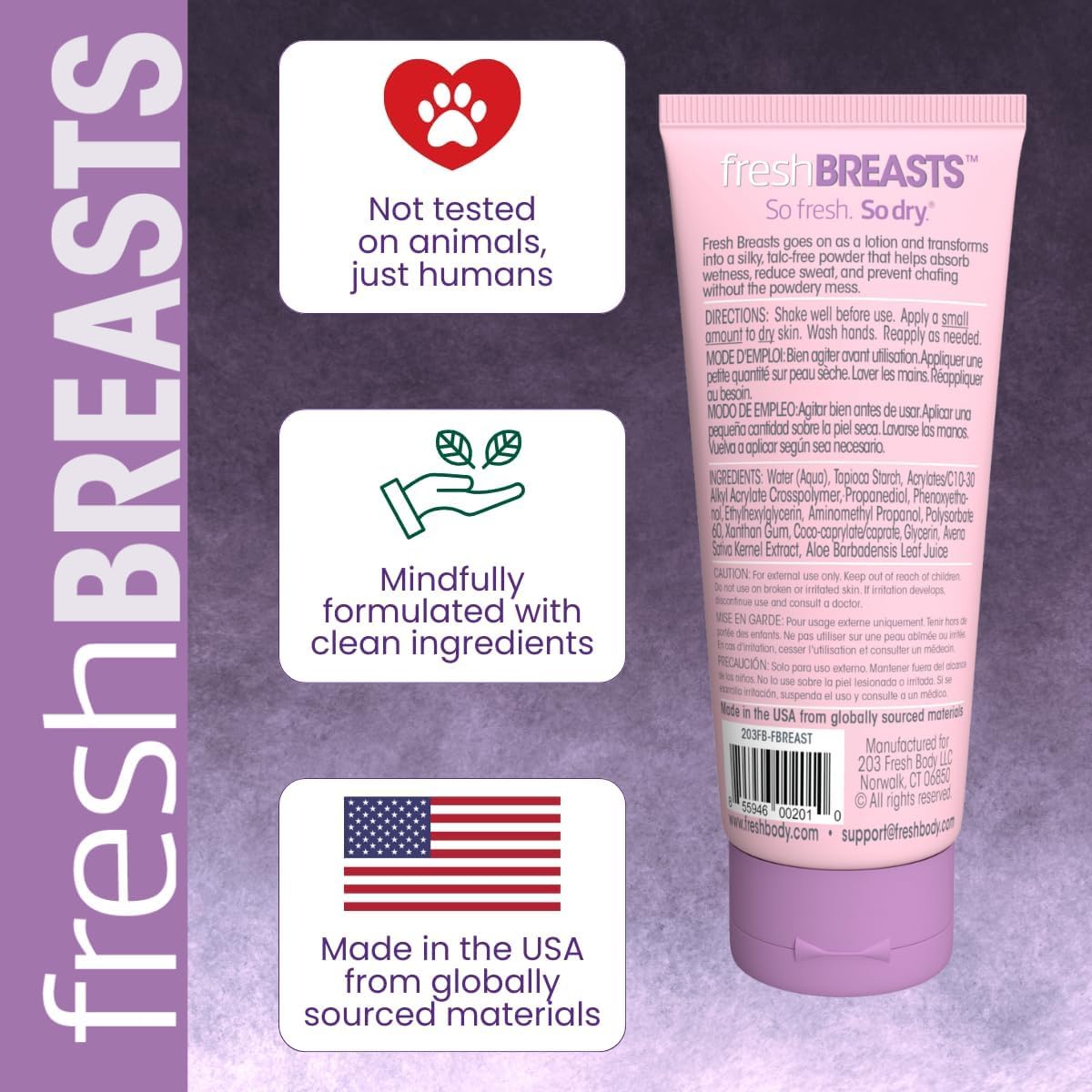 Fresh Breasts Anti-Chafing Cream Deodorant Lotion – 3.4 fl oz (4 Pack) | No Talc, Aluminum or Fragrance | Fresh Body FB