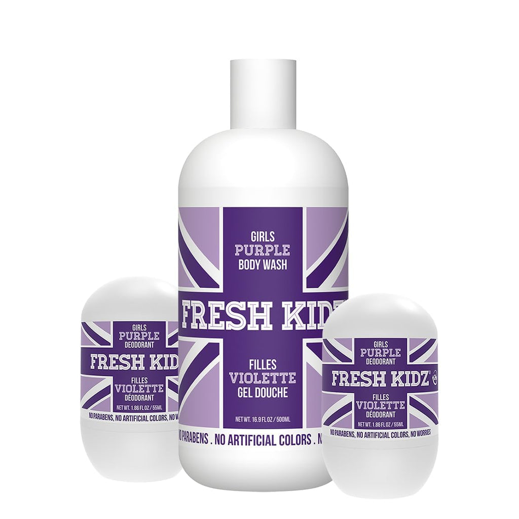 Fresh Kidz Body Wash 16.9 fl oz + 2 Roll-On Deodorants (1.86 fl oz) – Girls Purple Set for Kids & Teens