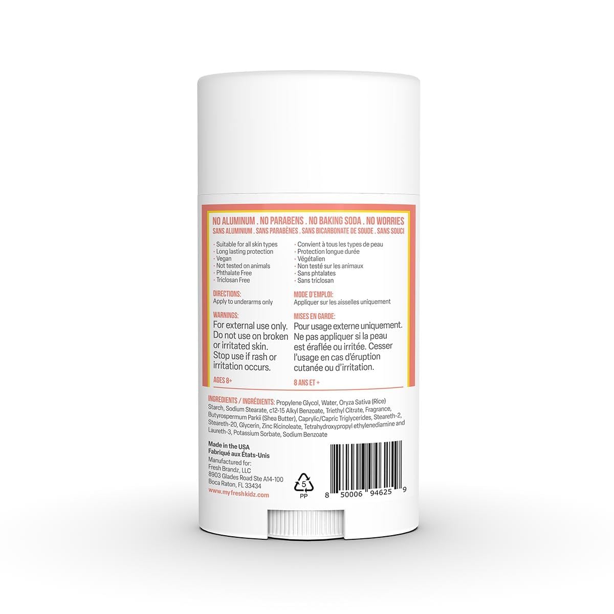 Fresh Kidz Coral Deodorant Stick – Aluminum- and Baking Soda-Free, 24-Hour Odor Protection for Kids & Teens