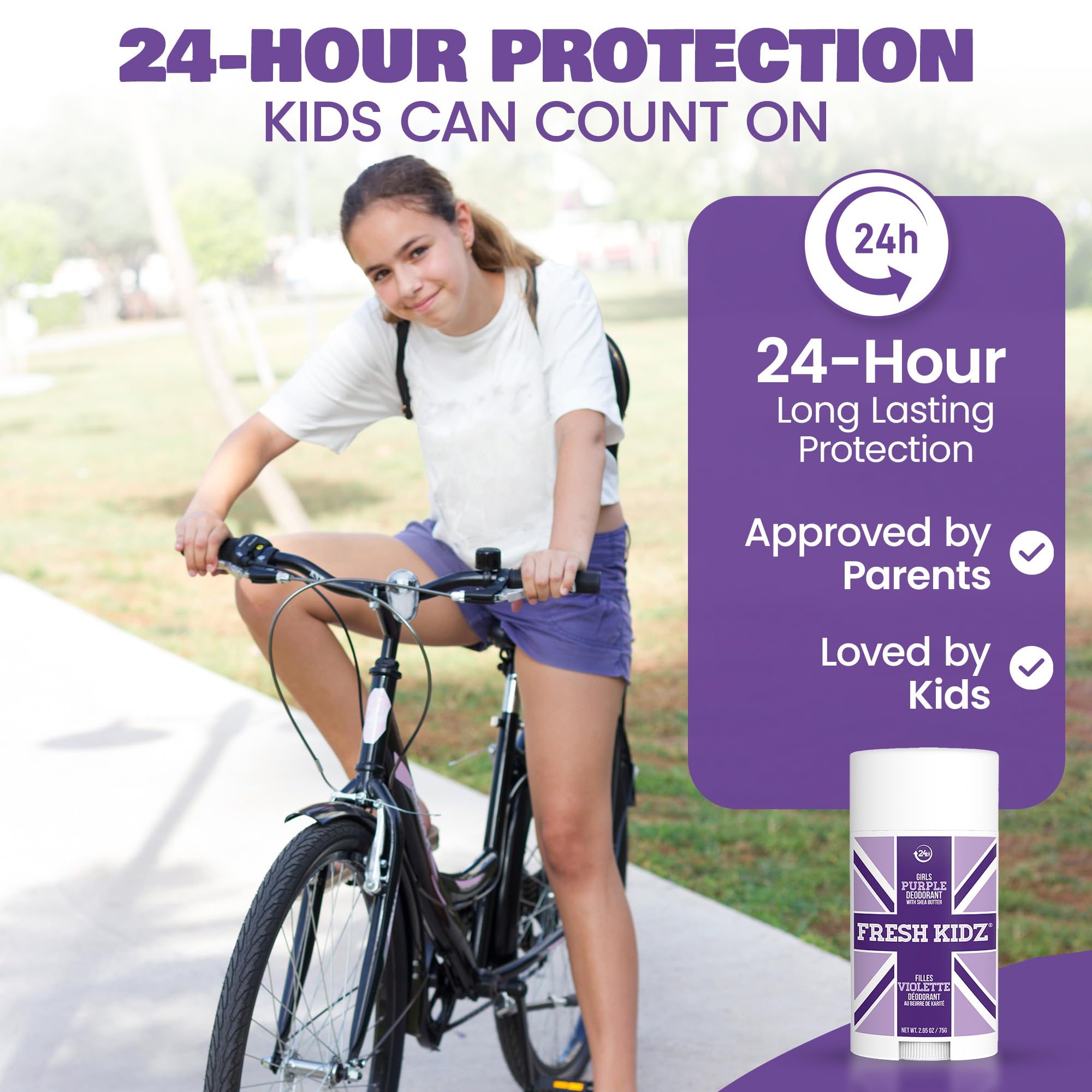 Fresh Kidz Deodorant Stick for Kids & Teens – Baking Soda & Aluminum Free, 24-Hour Odor Protection (Girls Purple, 2.65 oz / 75 g)