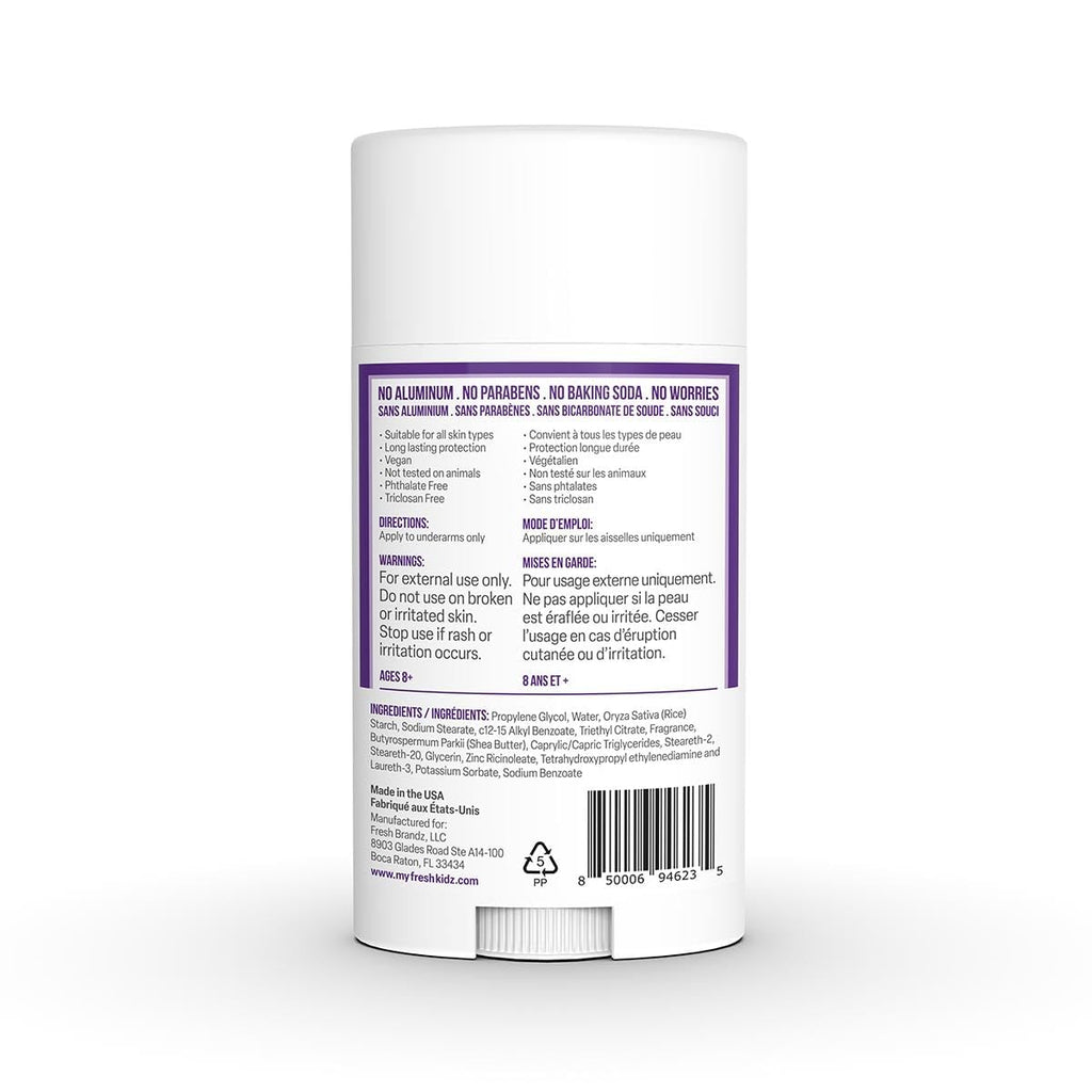 Fresh Kidz Deodorant Stick for Kids & Teens – Baking Soda & Aluminum Free, 24-Hour Odor Protection (Girls Purple, 2.65 oz / 75 g)
