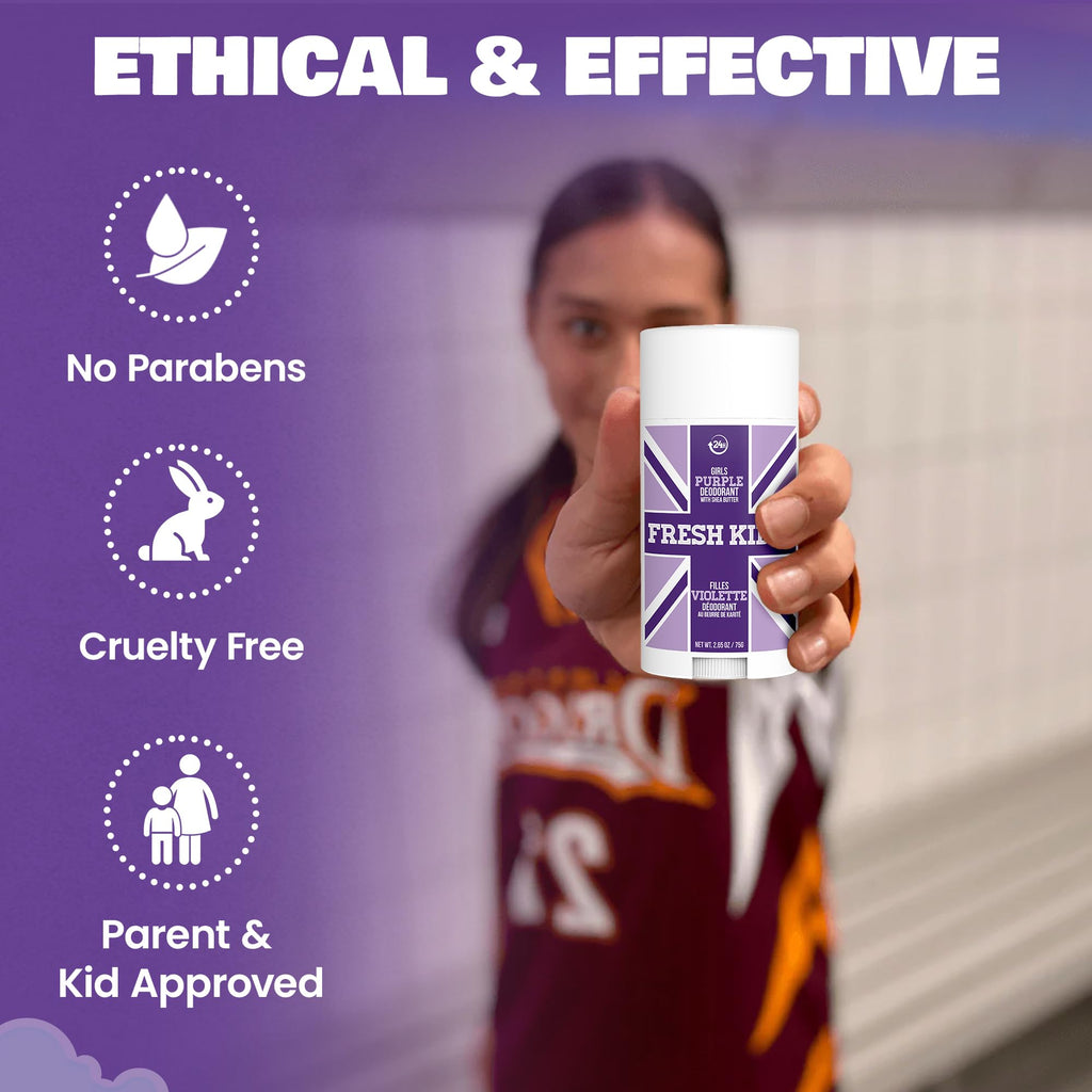 Fresh Kidz Deodorant Stick for Kids & Teens – Baking Soda & Aluminum Free, 24-Hour Odor Protection (Girls Purple, 2.65 oz / 75 g)