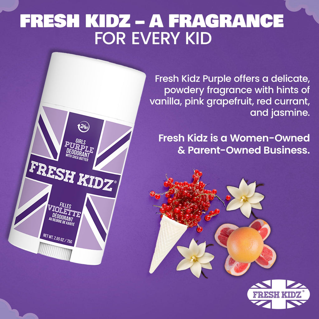 Fresh Kidz Deodorant Stick for Kids & Teens – Baking Soda & Aluminum Free, 24-Hour Odor Protection (Girls Purple, 2.65 oz / 75 g)