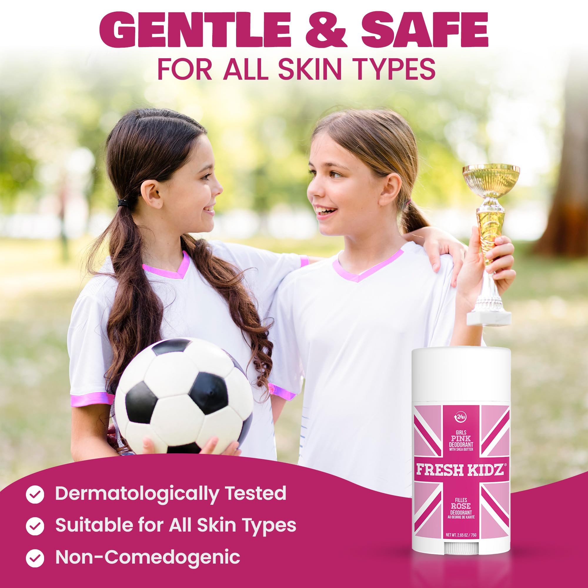 Fresh Kidz Pink Deodorant Stick – Aluminum- and Baking Soda-Free, 24-Hour Protection for Sensitive Skin