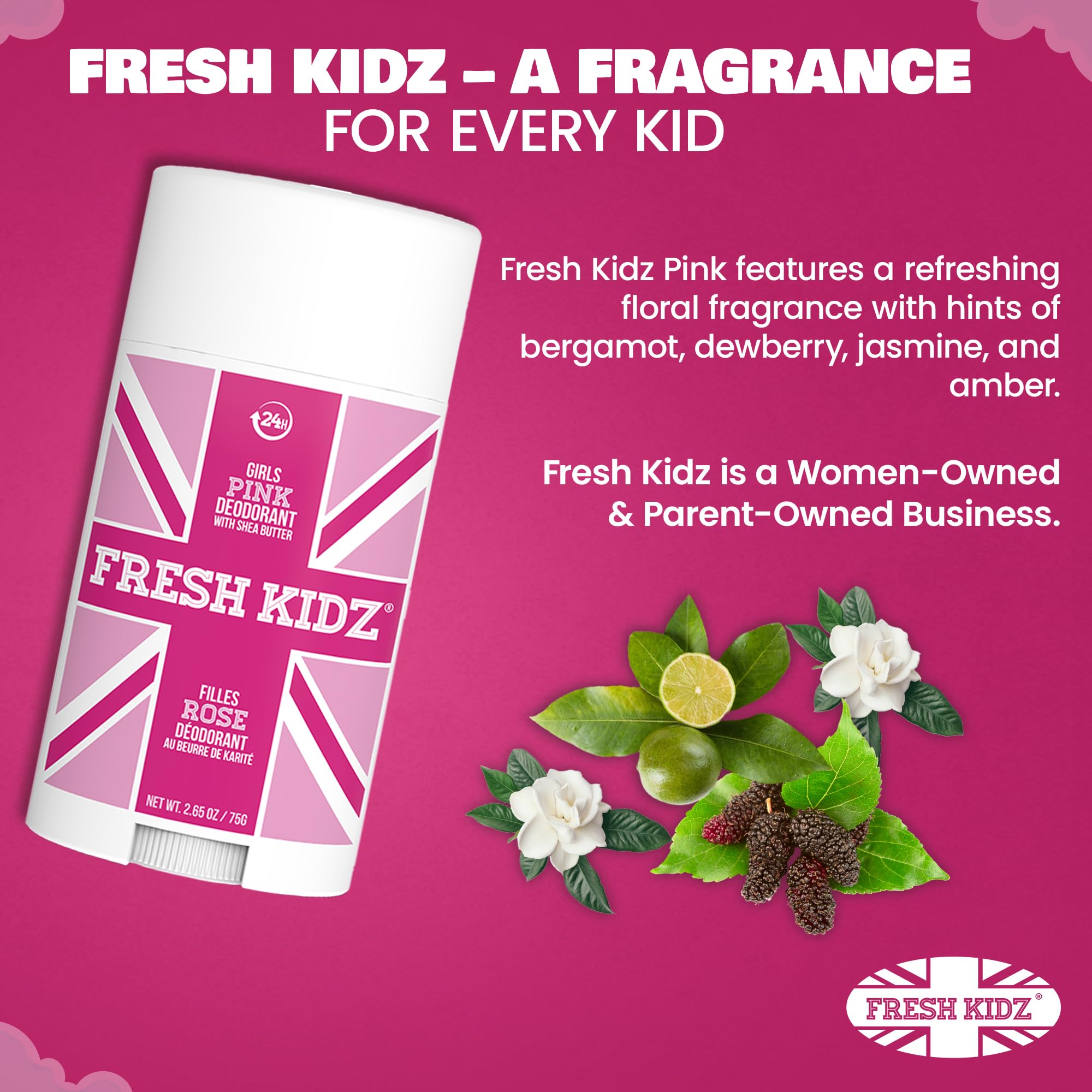 Fresh Kidz Pink Deodorant Stick – Aluminum- and Baking Soda-Free, 24-Hour Protection for Sensitive Skin