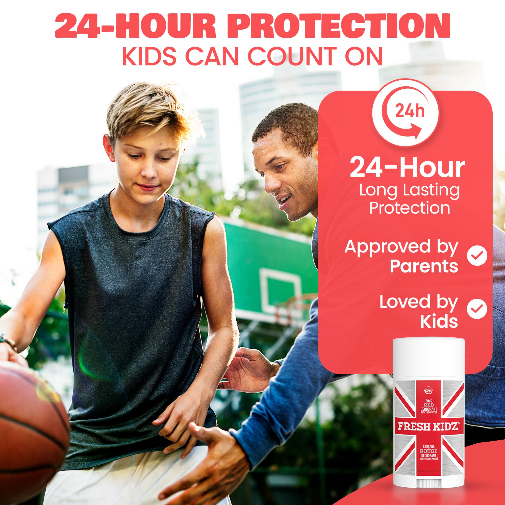 Fresh Kidz Deodorant Stick for Kids and Teens – Aluminum Free, Baking Soda Free, 24 Hour Protection (Boys Red) 2.65 oz