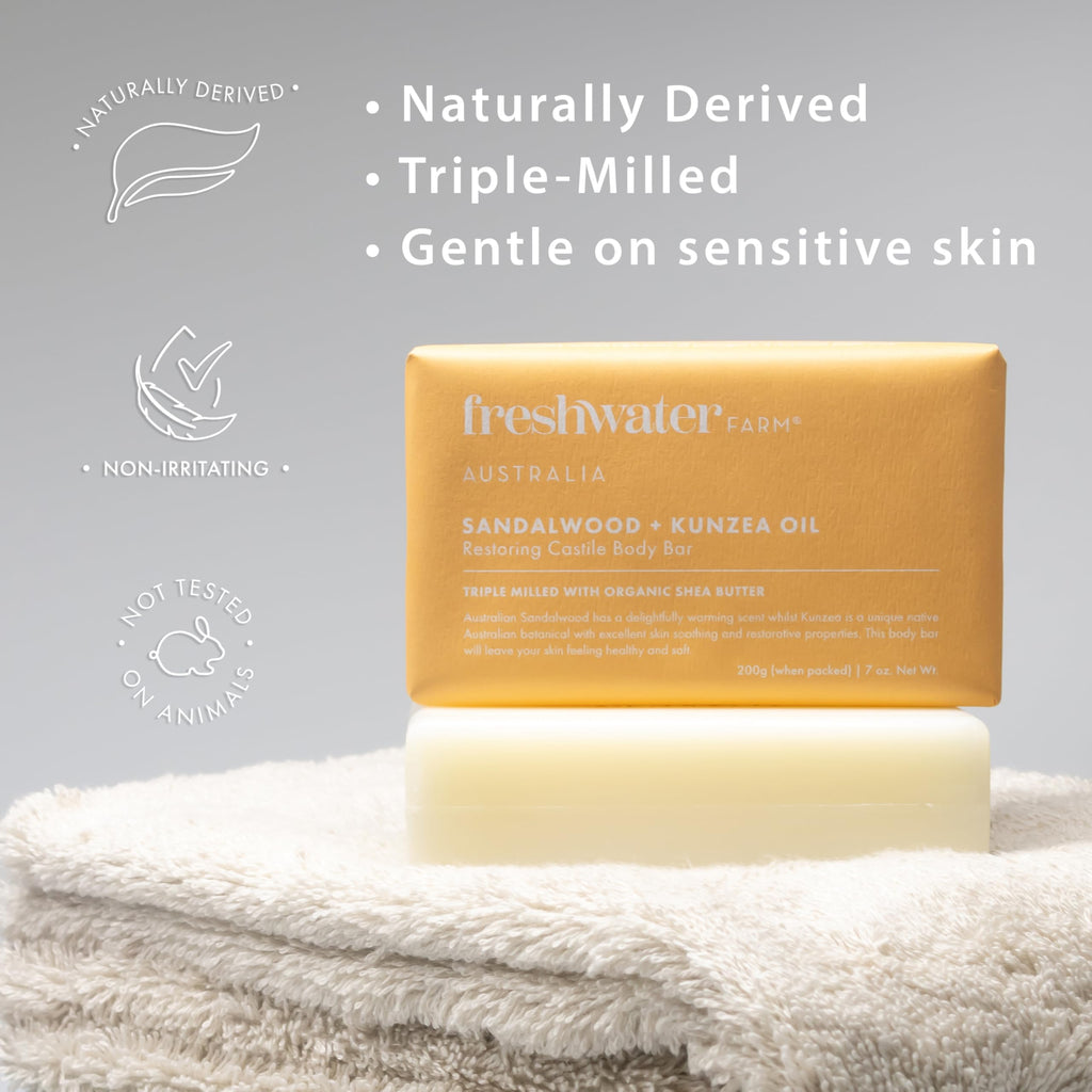 Freshwater Farm Australia Healing Sandalwood + Kunzea Oil Castile Soap Bar 7oz x 8 Pack