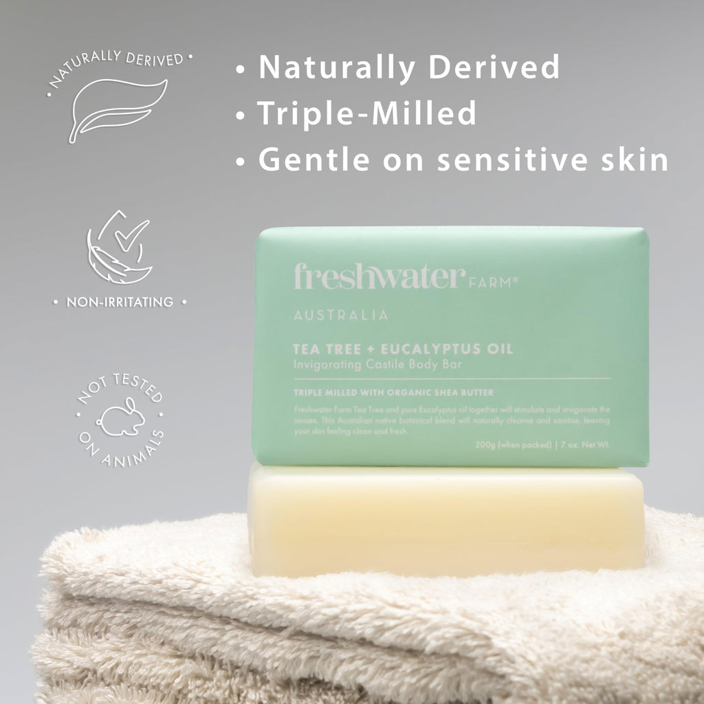 Freshwater Farm Australia Tea Tree + Eucalyptus Soap Bar (7oz x 8 Pack) – Natural Castile Soap for Sensitive Skin
