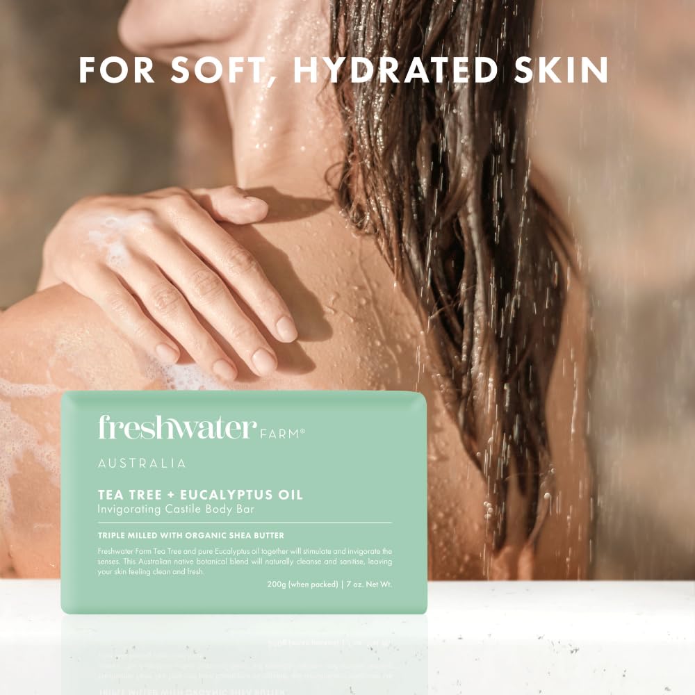 Freshwater Farm Australia Tea Tree + Eucalyptus Soap Bar (7oz x 8 Pack) – Natural Castile Soap for Sensitive Skin