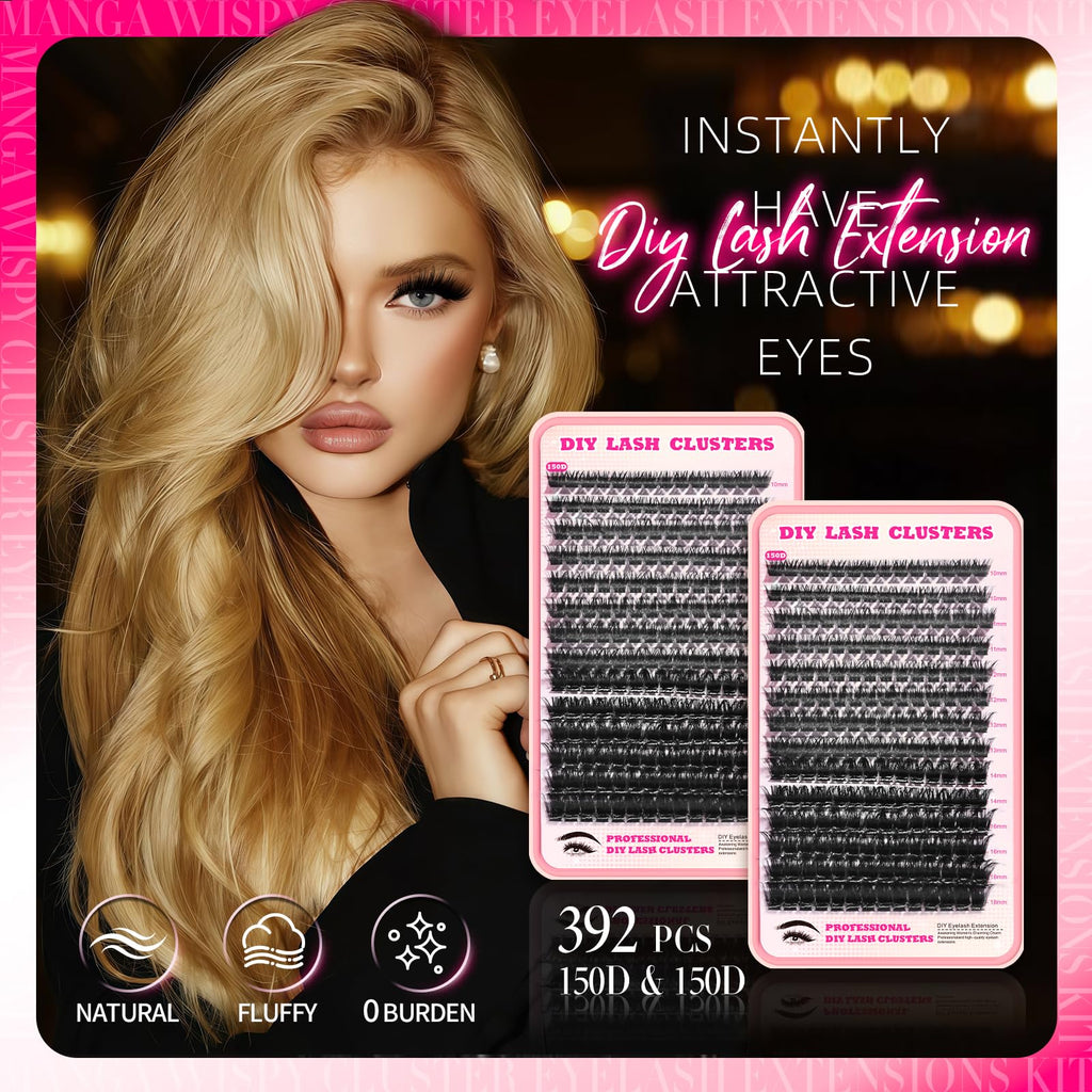 FTBZCF Lash Clusters – 392pcs DIY Kit, 150D Natural Fluffy D Curl Lashes (10–18mm)
