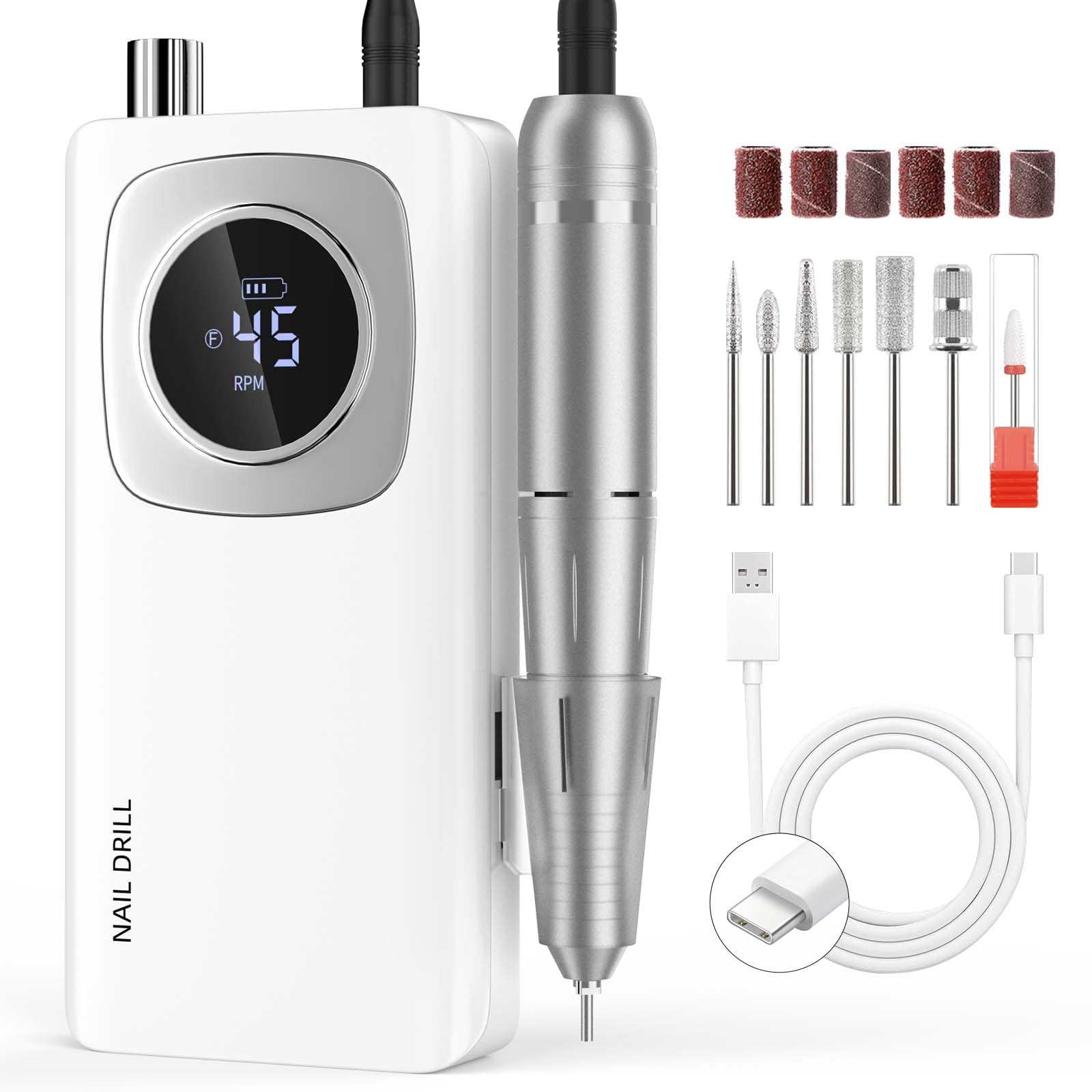 FTOYIN Electric Nail Drill Professional – Rechargeable Nail File, 45000 RPM, 7 Heads, HD LCD, Portable