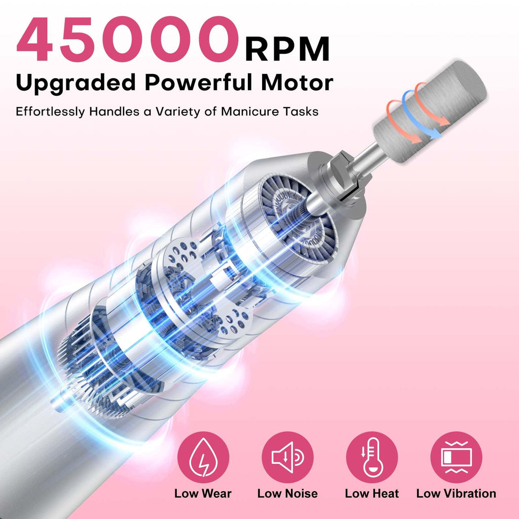 FTOYIN Electric Nail Drill Professional – Rechargeable Nail File, 45000 RPM, 7 Heads, HD LCD, Portable
