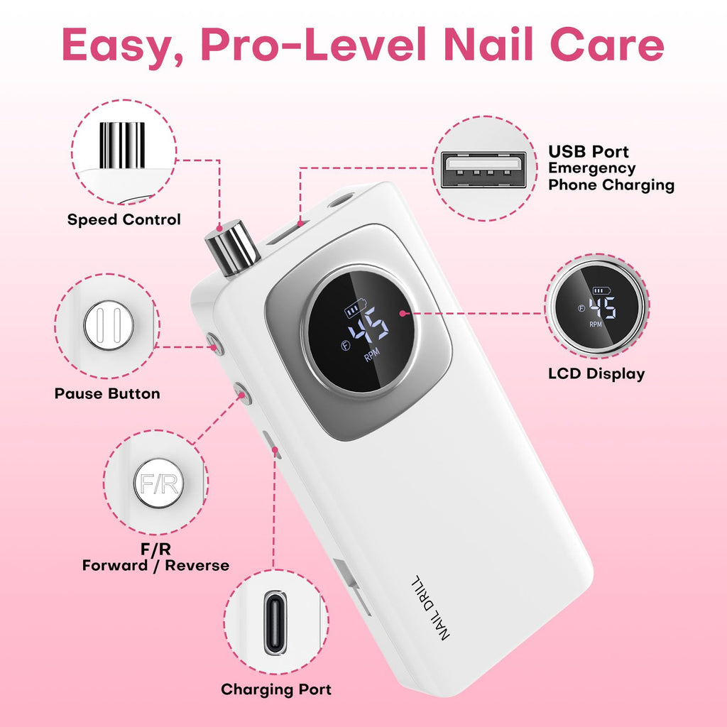 FTOYIN Electric Nail Drill Professional – Rechargeable Nail File, 45000 RPM, 7 Heads, HD LCD, Portable