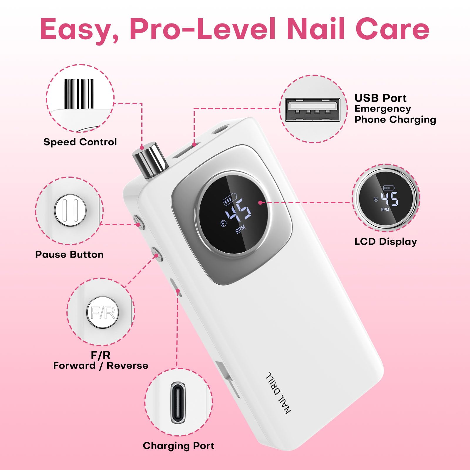 FTOYIN Electric Nail Drill Professional – Rechargeable Nail File, 45000 RPM, 7 Heads, HD LCD, Portable