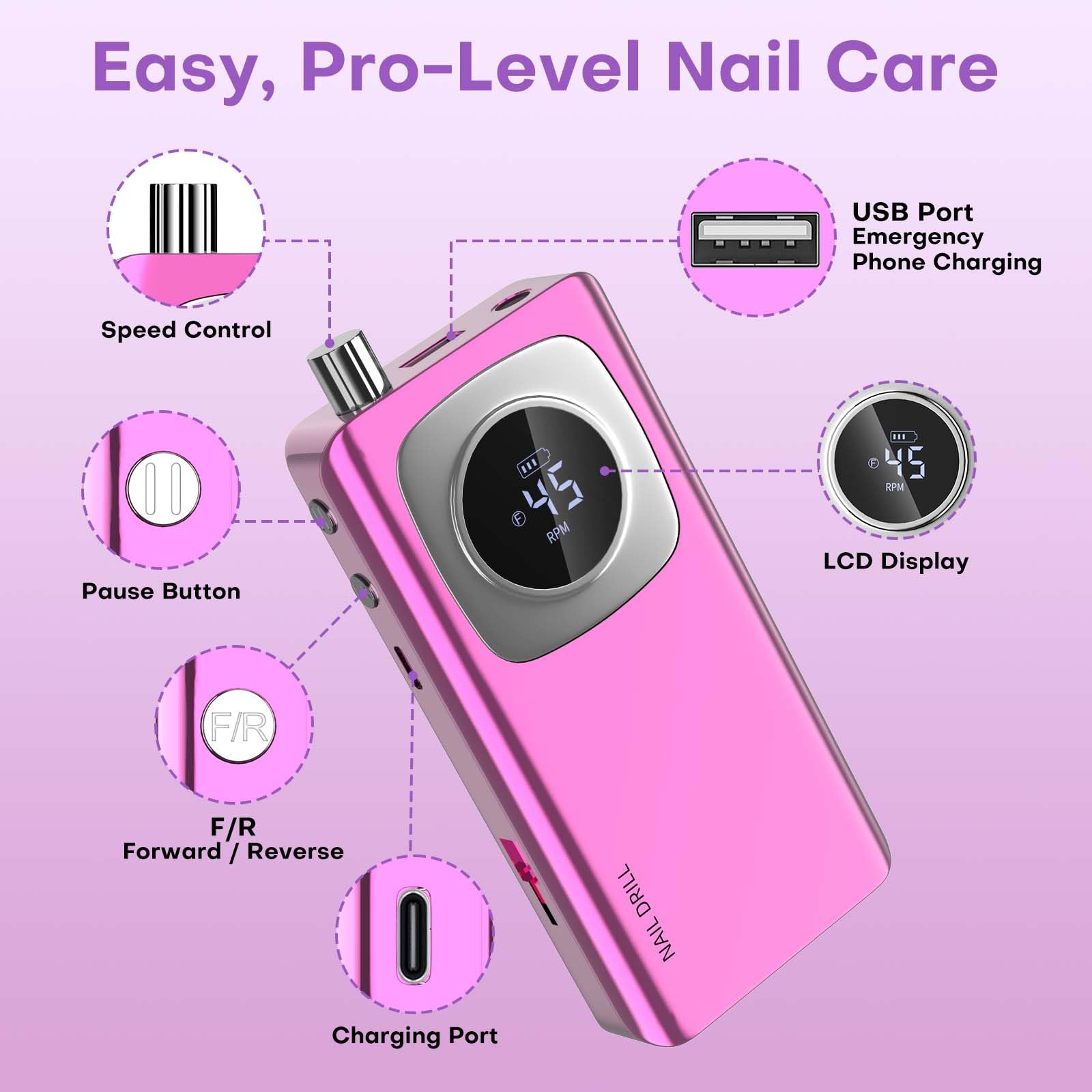 FTOYIN Electric Nail Drill Pro — Rechargeable Nail File for Acrylic & Gel