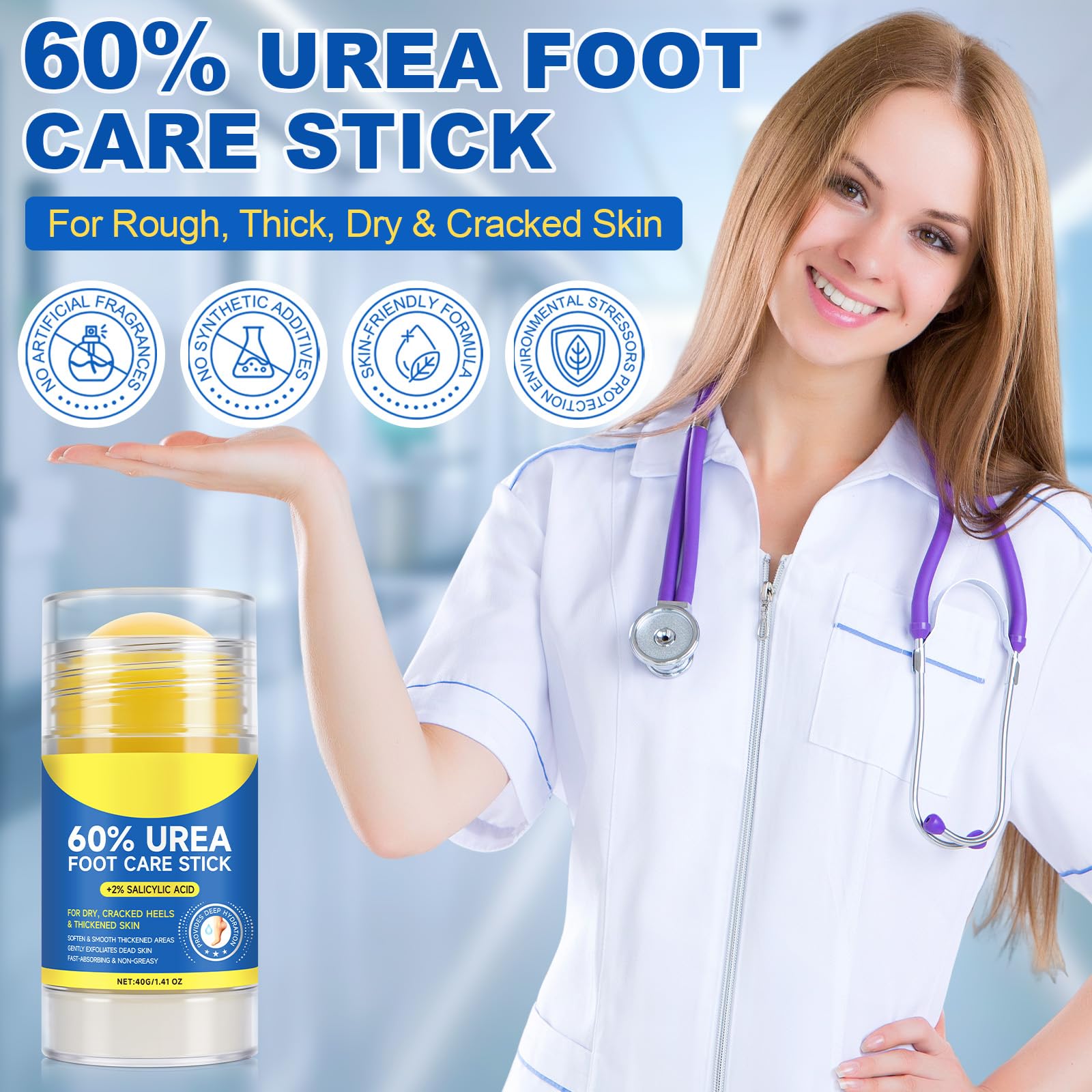 Urea 60% & Salicylic Acid 2% Callus Softener Stick – Exfoliating Balm for Dry Feet & Hands | 2-Pack 80g