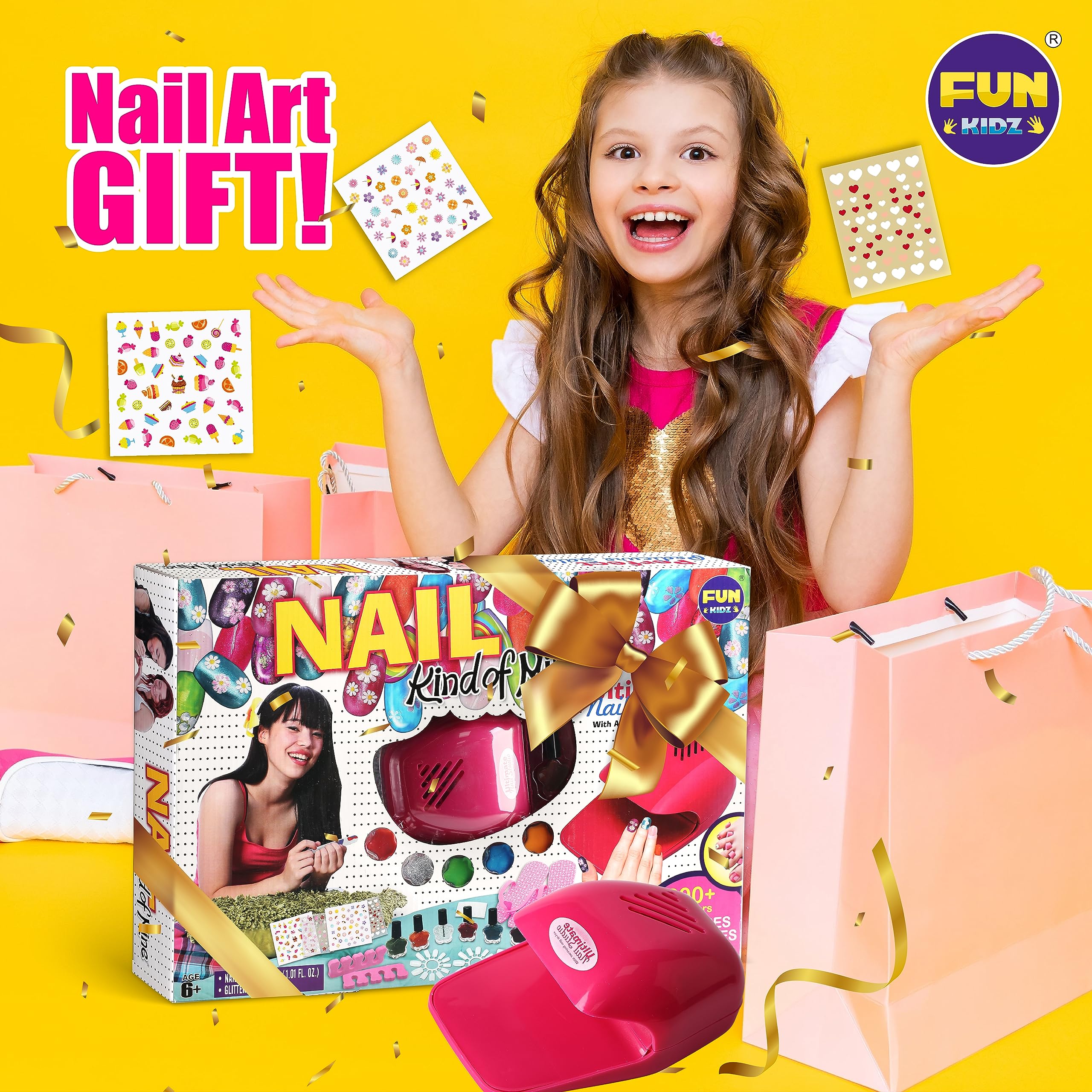 FUN KIDZ Kid Nail Art Kit for Girls – Nail Studio Set with Peelable Polish & Dryer