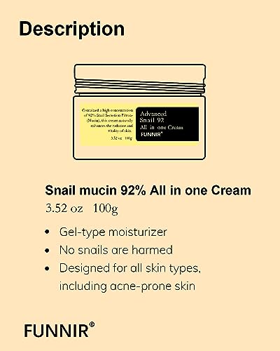 FUNNIR Snail Mucin Moisturizer 92% – Lightweight 100g Gel Cream for All Skin Types