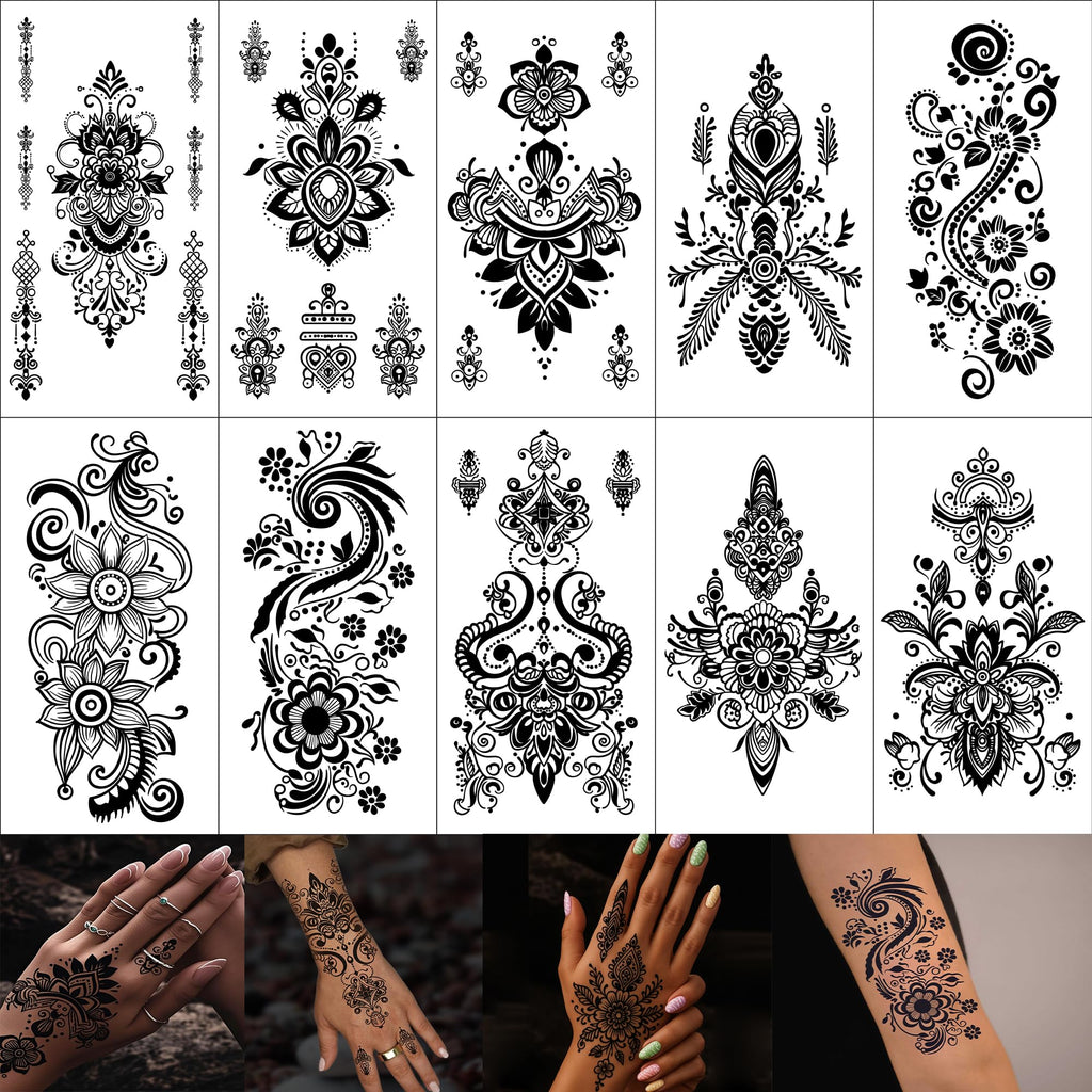 FUNTATTOO 10 Sheets Black Henna Tattoo Kit – Waterproof Temporary Stickers for Weddings, Parties, Festivals