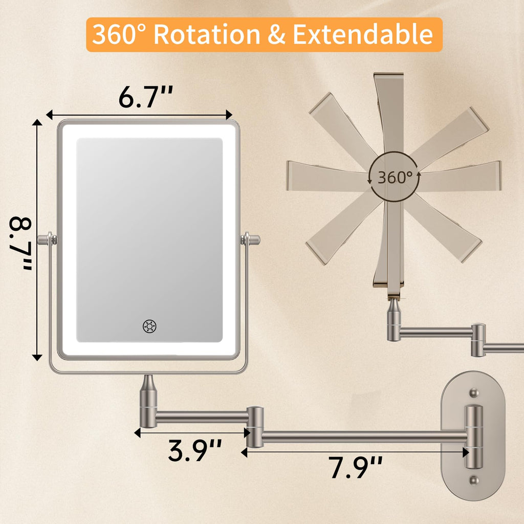 FUNTOUCH 5000mAh Rechargeable Wall Mounted Makeup Mirror - 8.7-inch - 1X/30X Magnification - Dimmable 3-Color LED