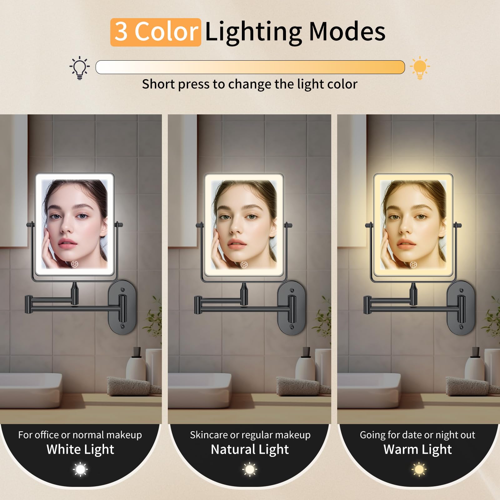 FUNTOUCH 5000mAh Rechargeable Wall-Mounted Makeup Mirror – 8.7-inch Dual-Sided 1X/30X Magnification, Dimmable 3-Color Lighting, 360° Swing Arm