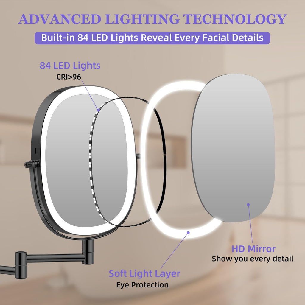 FUNTOUCH 30X/1X Wall Mounted Lighted Makeup Mirror — 5000mAh Battery, 3 Color Lights, 360° Swivel, Foldable, Black