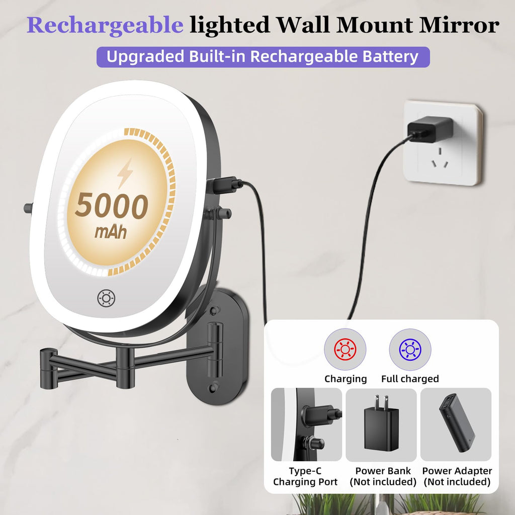 FUNTOUCH 30X/1X Wall Mounted Lighted Makeup Mirror — 5000mAh Battery, 3 Color Lights, 360° Swivel, Foldable, Black