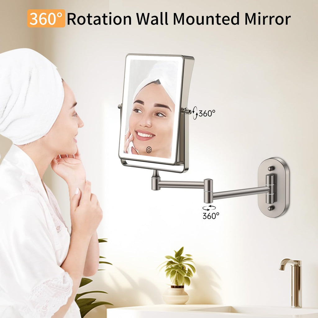 FUNTOUCH 5000mAh Rechargeable Wall Mounted Makeup Mirror - 8.7-inch - 1X/30X Magnification - Dimmable 3-Color LED