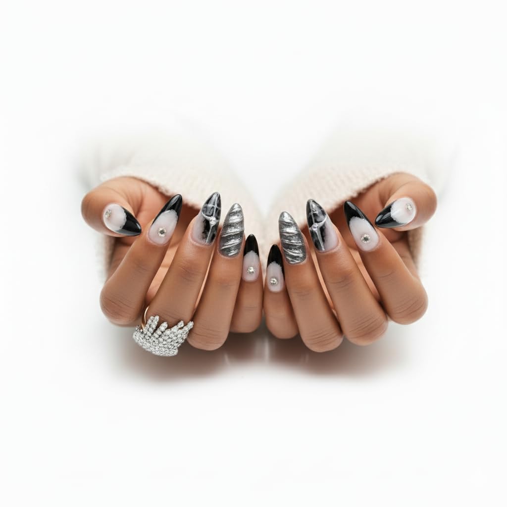 FURNUNUBI Handmade Almond Black Press-On Nails – 3D Gothic Metallic Design for Women