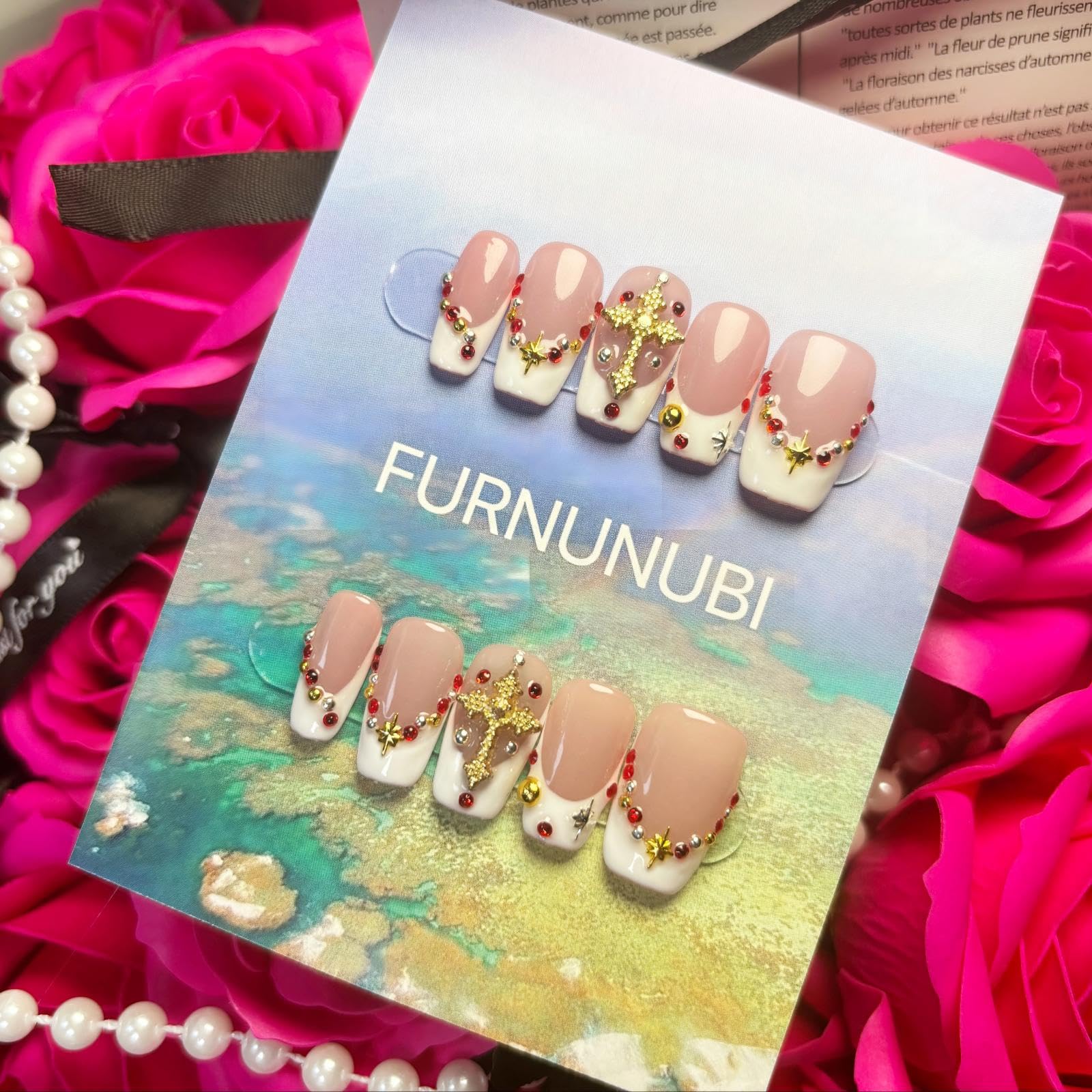 FURNUNUBI Handmade Square Press-On Nails – Pink 3D Design, White French Tip with Gold Cross
