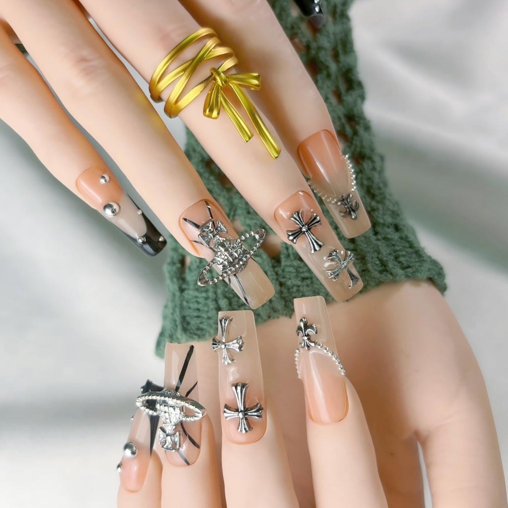 FURNUNUBI Handmade Square Press-On Nails - Gothic Black French Tip with 3D Saturn Charms