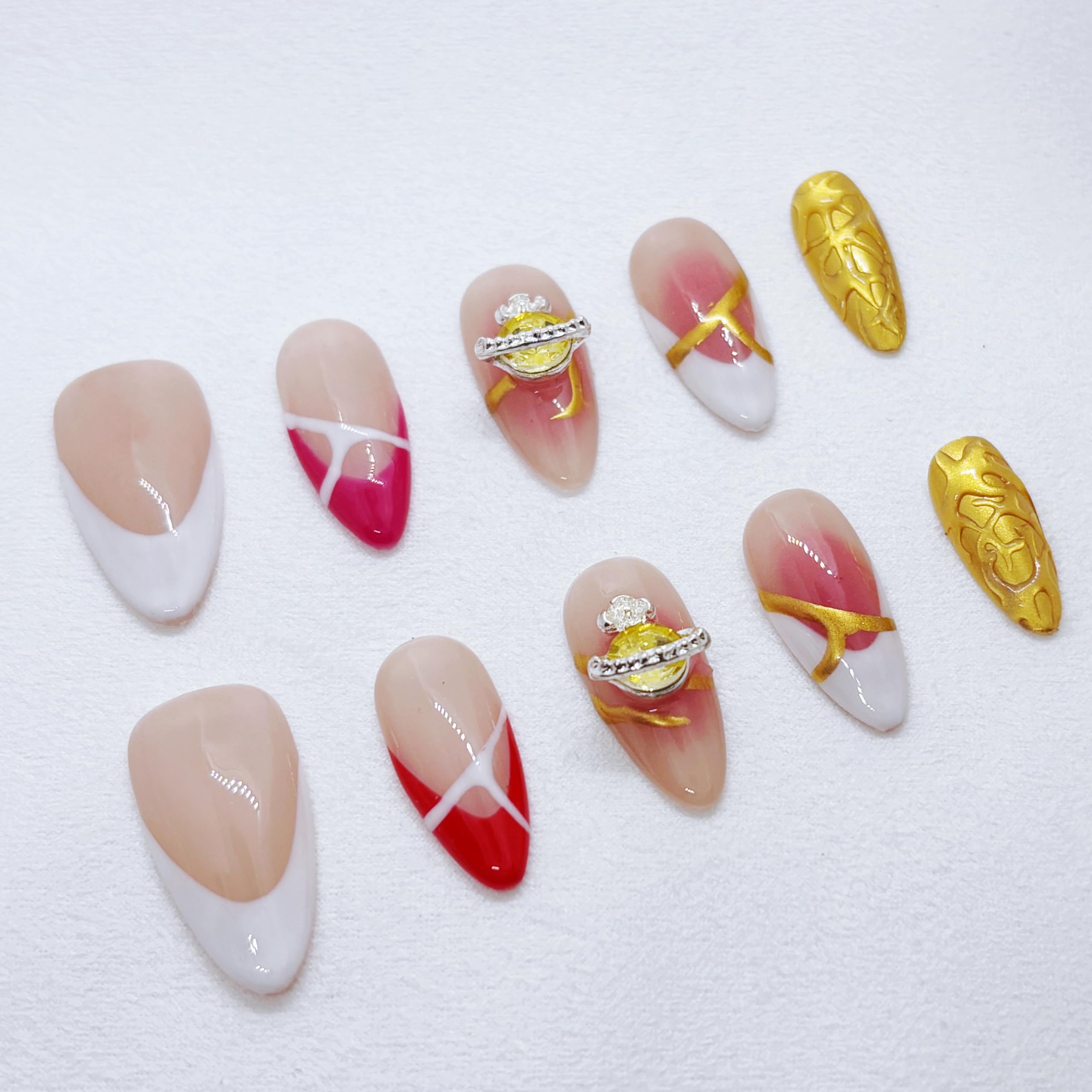 FURNUNUBI Handmade Almond Press-On Nails with 3D Saturn Jewel – Ombre White French Tip