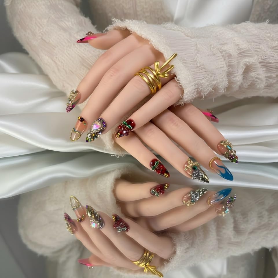 FURNUNUBI Handmade Almond Press-On Nails - 3D Hearts, Stars, Flames & Cherry Motifs - Pink