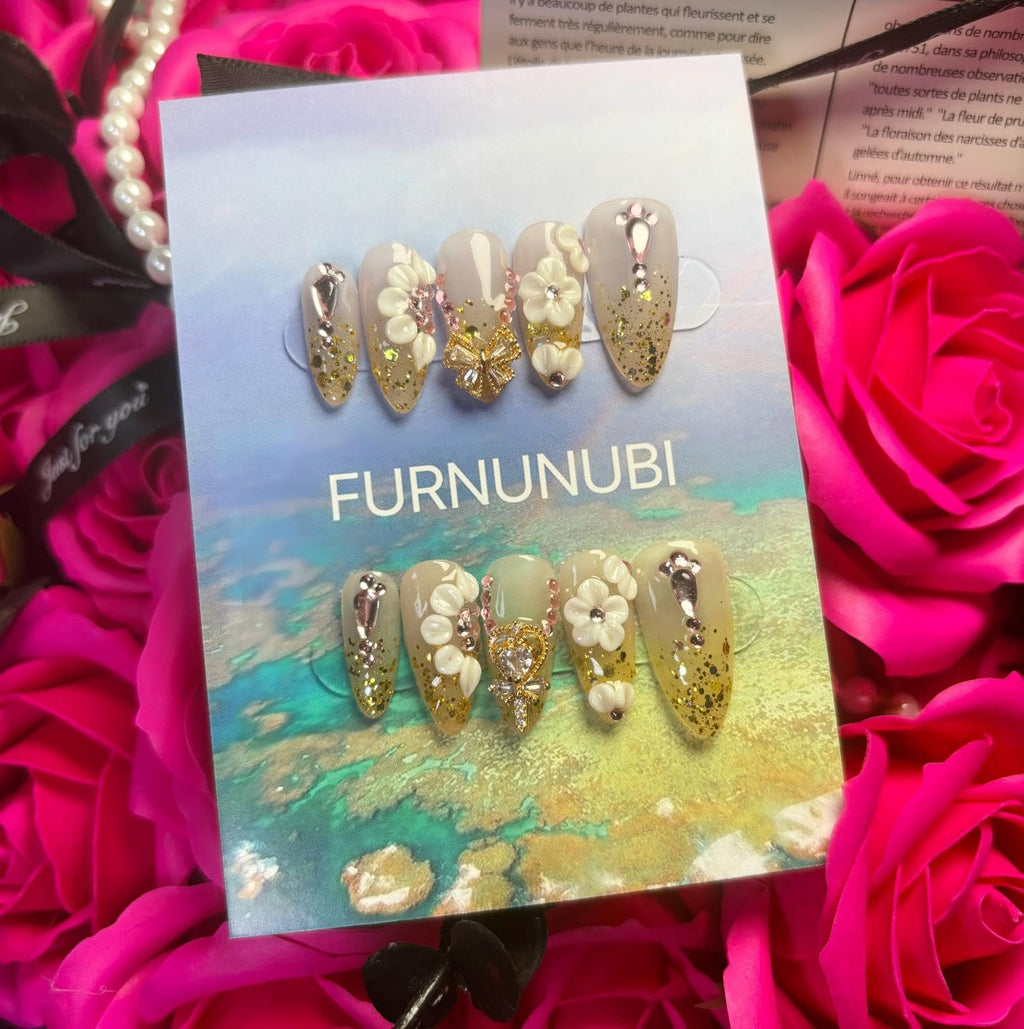 FURNUNUBI Handmade Almond Press-On Nails – Gold Glitter, Crystal Hearts & 3D Flowers