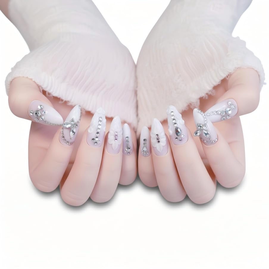 FURNUNUBI Handmade Almond Press-On Nails – Light Purple 3D Butterfly Milky Design (Size S)