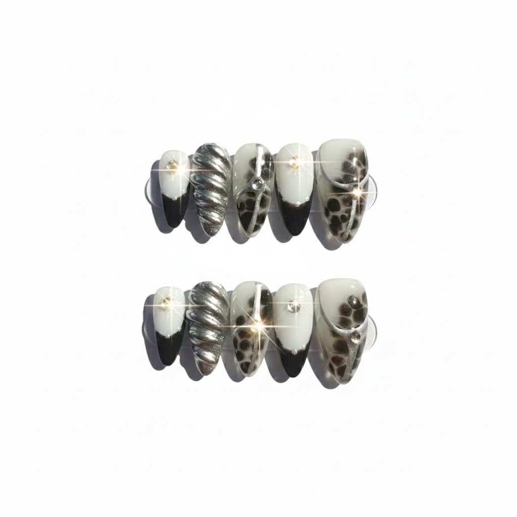 FURNUNUBI Handmade Almond Nails – 3D Gothic Metallic Press-On (XS)